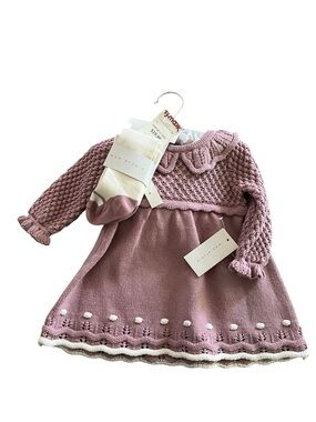 Max Studio Mauve Knit Baby Dress with Cream Trim and Matching Socks